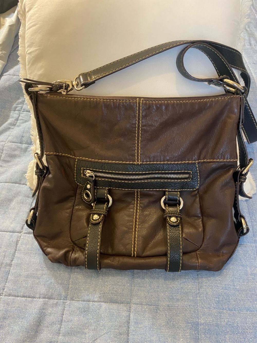 Women's Dark Brown Leather Crossbody Bag with Contrast Trim